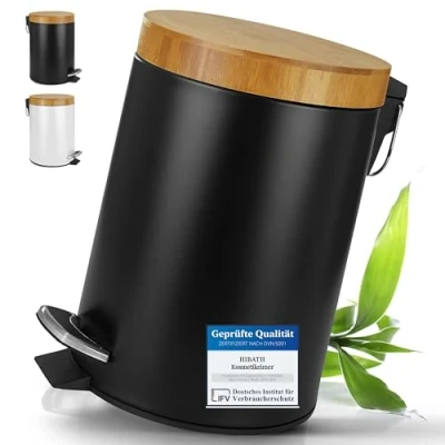 Afbeelding van HIBATH® Cosmetica emmer van roestvrij staal met bamboedeksel (5 liter, zwart) badkamer afvalemmer softclosemechanisme praktische wc pedaalemmer