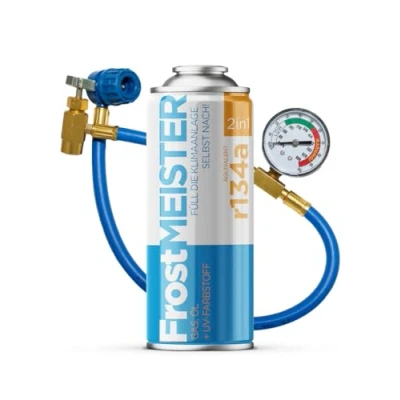 Afbeelding van FrostMEISTER 2 in 1 Navulset voor auto airconditioning, 400 ml, incl. manometer slang R134a (1995 2016), snel, eenvoudig en veilig gebruik