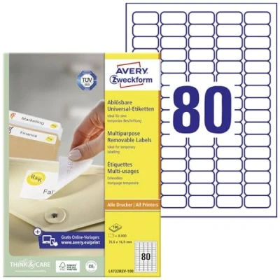 Afbeelding van Avery Zweckform L4732REV 100 Universele etiketten 35.6 x 16.9 mm Papier Wit 8000 stuk(s) Weer verwijderbaar Inkjet, Laser (zwart/wit), (kleur), Kopiëren