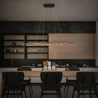 Afbeelding van BRILONER LED hanglamp met golfvorm, warm wit licht, houten frame, hanglamp, eettafel eetkamerlamp hangend, woonkamerlamp, 98x11x120 cm (LxBxH), zwart hout