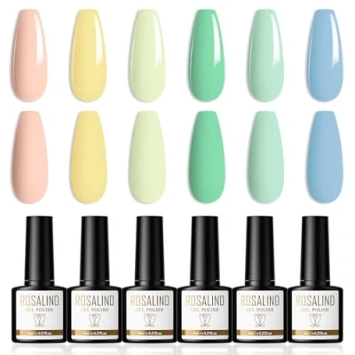 Afbeelding van ROSALIND Gel Nagellak 6 Kleuren Shellac Set Macaron Roze Geel Groen Blauw Soak Off UV/LED Gellak Nail Polish Art Manicure 8ml