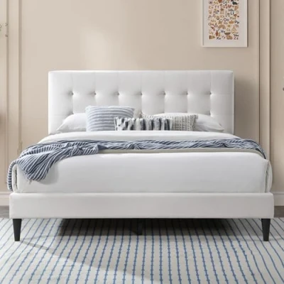 Afbeelding van bed 140x200 &amp; 160x200 cm, gestoffeerd met lattenbodem, bedframe, tweepersoonsbed zachte overtrek en gewatteerd hoofdeinde cassettestiksel, hoog ligcomfort, beige, cm
