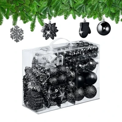 Afbeelding van Relaxdays kerstballen kerstboomballen kerstbooomversiering set van 100 onbreekbaar zwart