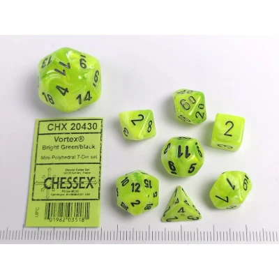 Afbeelding van Chessex Vortex Mini Polyhedral Heldergroen/Zwart Dobbelsteen Set (7 stuks)