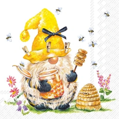 Afbeelding van IHR 20 servetten bloemen, tuin &amp; natuur dwerg als imker tafeldecoratie. Papieren met motief. Ook voor decoupage en servettentechniek 33x33cm
