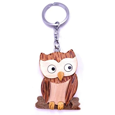 Afbeelding van H Customs Schattige uil AST zittend hout edele handgemaakte sleutelhanger hanger