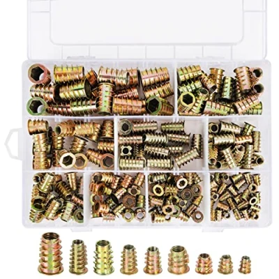 Afbeelding van Belle Vous Bedraadde Moeren Assortiment Kit (200 Pak) M4, M5, M6, M8 &amp; M10 Hex Socket Schroeven Zink Materiaal Draadbouten Bevestiger/Connector Hout Inleg voor Meubels en Balken