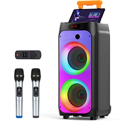 Afbeelding van JYX karaoke systeem met 2 draadloze microfoons, grote luidspreker, bluetooth wielen en discolampen, subwoofer PA systeem, party machine, ondersteuning TWS/USB/SD kaart/AUX/Rec