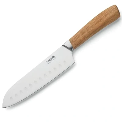Afbeelding van Kuppels Wood Santoku mes met kulling, 17 cm lemmetlengte, extreem scherp &amp; snijbestendig, houten handvat van acacia, roestvrij gepolijst, Japans type mes, allessnijder