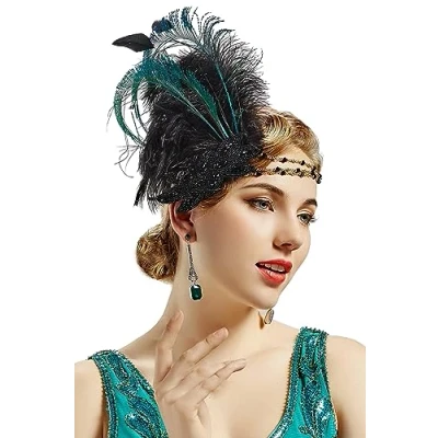 Afbeelding van BABEYOND Hoofdband met veer voor dames, jaren 20 stijl, Charleston haarband, Great Gatsby, accessoire carnavalskostuum, zwart