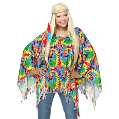 Afbeelding van Widmann kostuum psychedelische hip, flower power, poncho, hoofdband, carnaval, themafeest