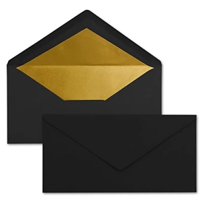 Afbeelding van 50 enveloppen DIN lang zwart met goud metallic voering 110 x 220 mm nat lijmen feestelijke voor Kerstmis