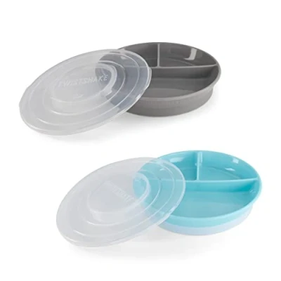 Afbeelding van Twistshake 2x Baby Verdeeld Bord Met Luchtdicht Deksel Voor Kinderen BPA Vrij Voedingsbord Grijs Blauw