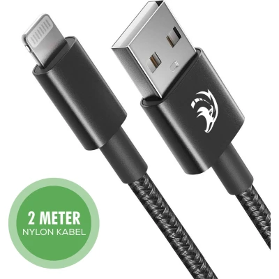 Afbeelding van Travelhawk USB A naar lightning Kabel Oplaadkabel iphone Oplader Fastcharging 2 Meter Stuks Zwart