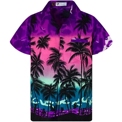 Afbeelding van V.H.O. Funky Hawaïhemd heren korte mouwen voorzak Hawaii print strand palmen diverse kleuren, Beach Ekletafel Violet, L
