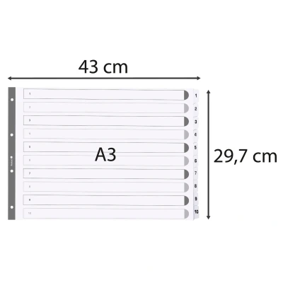 Afbeelding van Exacompta ref. MWD1 10A3Z Wit kartonnen tabbladen 160g/m2 FSC® met 10 numerieke bedrukte tabs van 1 tot en gelamineerd Afdrukbare indexpagina Maximaal A3 Formaat