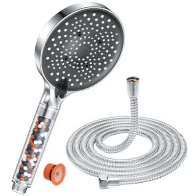 Afbeelding van douchekop en slang met filterkralen YEAUPE PRO 130 mm 6 modi hogedrukdouchekop 1,6 m slang, universele krachtige stroomverstelbare voor lage druk hard water verbetert huidhaar