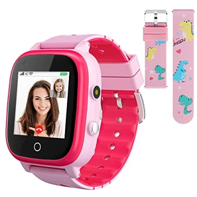 Afbeelding van OKYUK 4G Smartwatch voor kinderen, met simkaart, GPS tracker, meerdere desktopstijlen om uit te kiezen, twee weg oproepen, SOS, wifi, waterdicht touchscreen 4 12 jongens en meisjes (T5 roze)