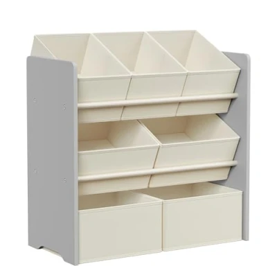 Afbeelding van SONGMICS Kinderplank, speelgoedplank, kinderboekenkast, met 7 opbergdozen van vliesstof, kinderkamerplank, ruim, 29,5 x 62,5 60 cm, duifgrijs GKR034G10