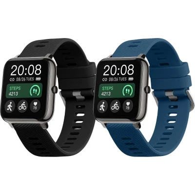 Afbeelding van kwmobile 2x horlogebandjes geschikt voor Popglory P66 22mm bandje Smartwatch bandjes van TPU Activity tracker horloge band in zwart / blauw