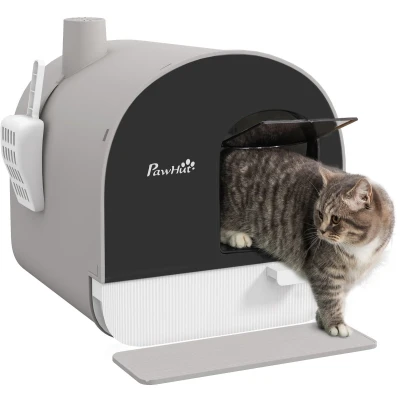 Afbeelding van PawHut kattenbak met deksel, zelfreinigende incl. schep en strooismat, uittrekbaar dienblad, voor katten tot 5 kg, grijs, 43 x 44 47 cm