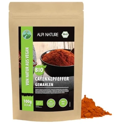 Afbeelding van biologische cayennepeper gemalen (100 g), cayennepeper, cayennepeperpoeder van gecontroleerde teelt, cayenne chili peper, 100% natuurlijk, zonder toevoegingen