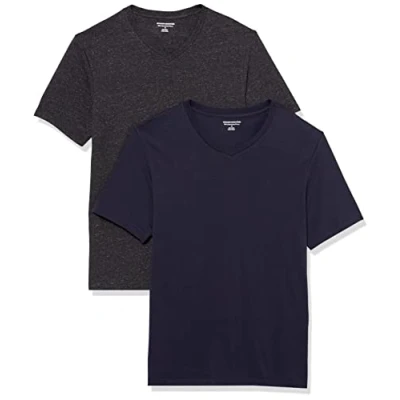 Afbeelding van Amazon Essentials Heren Slim Fit T shirt met korte mouwen en V hals, verpakking van 2 stuks, marineblauw/houtskool heather, XX Large