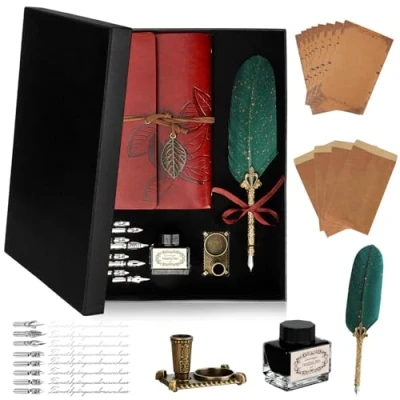 Afbeelding van KIMIGO Quill Pen Inktset,Kalligrafie Set,Veren Pennenset met pennenhouder,leren notitieboek,inkt,8 vervangbare punten,pennenhouder,briefpapier en enveloppen,Kalligrafiepennen