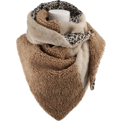Afbeelding van Omslagdoek/Vachtsjaal Teddy Panter Taupe Omslagdoek Sjaal met knoop 3 stoffen herfst/winter trendy