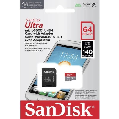 Afbeelding van SanDisk microSDXC Ultra 64GB (140MB/s A1 Cl. 10 UHS I) + Adapter Tablet kaart 64 GB Application Performance Class, Class 1