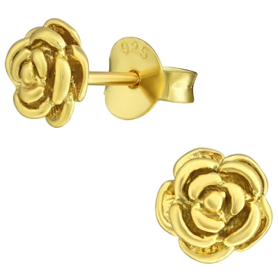 Afbeelding van JoyS Zilveren roosje oorbellen 6 mm bloem oorknoppen massief 14k goudplating