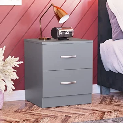 Afbeelding van Vida Designs Grijs nachtkastje, 2 lade met metalen handgrepen en lopers, unieke anti buiglade ondersteuning, Riano slaapkamermeubilair