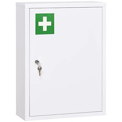 Afbeelding van kleankin medicijnkast, 3 vaks apothekerskast, afsluitbare EHBO kast met 2 sleutels, staal, wit, 40 x 15 53,5 cm