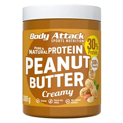 Afbeelding van Body Attack Protein Peanut Butter, vegan, Natürliche Erdnussbutter ohne Zucker, Salz &amp; Palmfett Low Carb Erdnussmus mit 30% (Creamy, 1kg)
