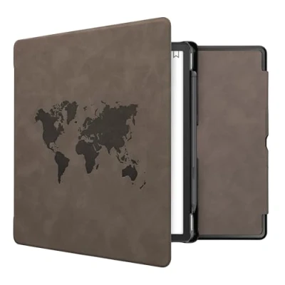 Afbeelding van kwmobile e reader hoesje compatibel met Amazon Kindle Scribe Kunstleren ereader cover stand Wereldkaart in grijs