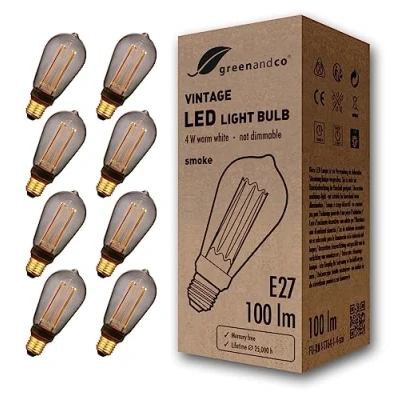Afbeelding van greenandco Edison gloeilamp voor sfeerverlichting, E27 ST64, smoke, 4W, 100lm, 1800K extra warmwit, 320, 230V, flikkervrij, niet dimbaar, 8x vintage design