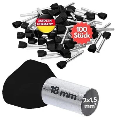 Afbeelding van 100 stuks Kalitec AET1518SW dubbele adereindhulzen geïsoleerd 2x1,5mm² 18mm lang zwart I Made in Germany Industriële kwaliteit