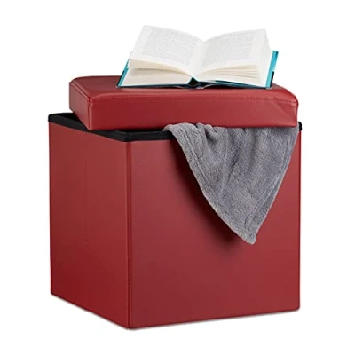 Afbeelding van Relaxdays opvouwbare poef met opbergruimte, 38 x cm, vierkant, deksel, stevig, voetenbank, zitkist, donkerrood