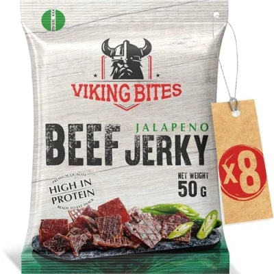 Afbeelding van Viking Bites Beef Jerky Jalapeno 400g (8 x 50g) Getrocknetes Rindfleisch Fleischsnack mit hohem Proteingehalt