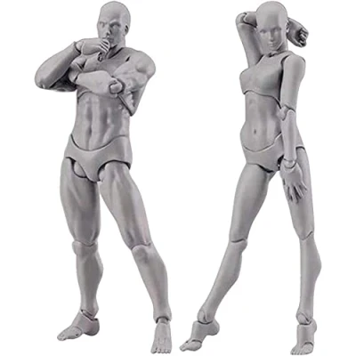 Afbeelding van Brensty Body Doll, Kunstenaars Mannequin Blockhead Jointed Tekening Figuren Mannelijke+Vrouw Set (Grijs)