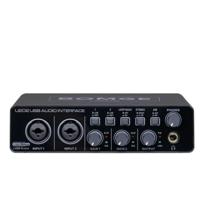 Afbeelding van BOMGE U202 USB audio interface met microfoonvoorversterker XLR/TSR/TS poorten, 48V, 32 bit/192kHz resolutie voor computeropname, streaming, podcasting