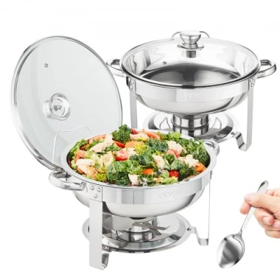 Afbeelding van VEVOR 2 Pack 4 Qt Roestvrij Chafer Ronde Catering Warmer Server Chafing Schotel Buffet Set, Staal Glas, Quart