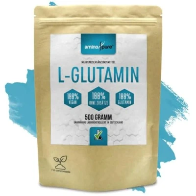 Afbeelding van aminopure® Puur L glutamine poeder door fermentatie uit maïs gewonnen 100% veganistisch en zonder toevoegingen getest op schadelijke stoffen in het laboratorium 500 gram