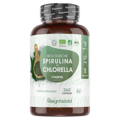 Afbeelding van WeightWorld Biologische Spirulina en Chlorella capsules 1500 mg 100% puur poeder afkomstig uit algen 180 voor 3 maanden