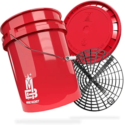 Afbeelding van MAGIC BUCKET Autohandwasbundel, wasemmer met bijpassende immerdeksel, ca. 20 liter, Grit Guard emmerinzetstuk vuilzeef, wasset, rood/zwart