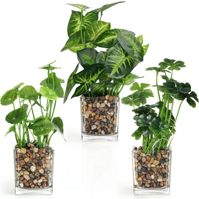 Afbeelding van Belle Vous Plastic Artificiële Faux Planten met Doorzichtig Glazen Potten (3 Pak) Buiten/Binnen Nepplanten voor Huis, Tuin, Muurmand, Bosjes, Huwelijk Kopstukken en Kantoor Aankleding