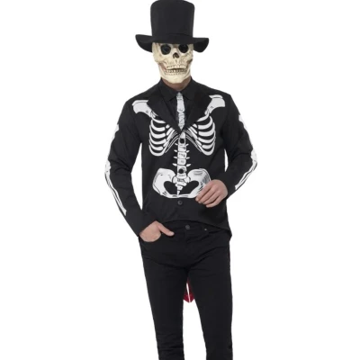 Afbeelding van Day of the Dead Se?or Skeleton Costume, Black, with Jacket, Mock Shirt, Attached Tie, Hat &amp; Full Overhead Two Part Foam Latex Mask, (XL)