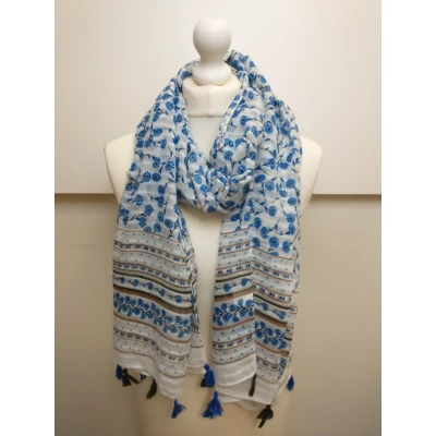 Afbeelding van Lange dames sjaal Hester gebloemd motief blauw wit olijf groen bruin