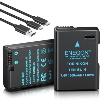 Afbeelding van ENEGON EN EL14 USB C direct oplaadbare reservebatterijen 1600mAh (dubbelpak) voor Nikon accu EL14/EN EL14a, compatibel met D5300, D5600, D5100, D5200, D3100, D3200, D3300, D3400, D3500