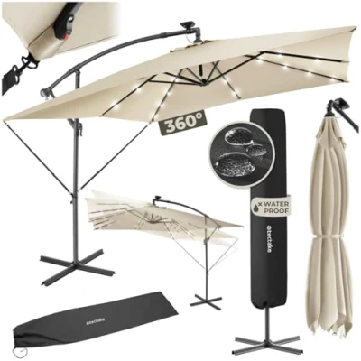 Afbeelding van tectake® Parasol 250cm met Solar Led Verlichting Parasols Zweefparasol Zonneenergie Tuinverlichting beige